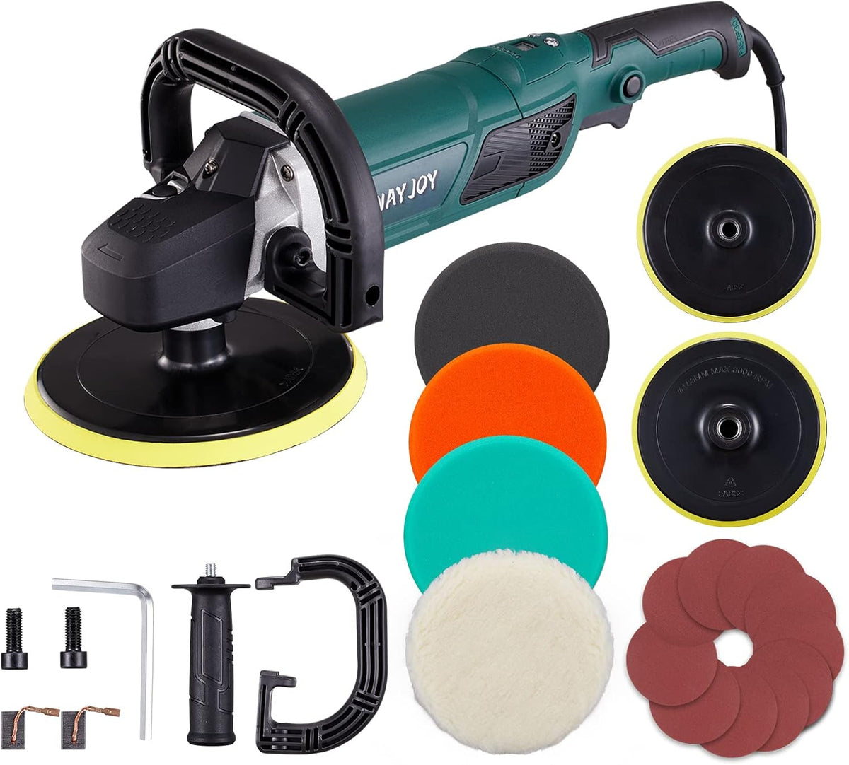 Rotary Car Polisher with 6” and 7“ Backing Plate, 4 Foam Pads W485