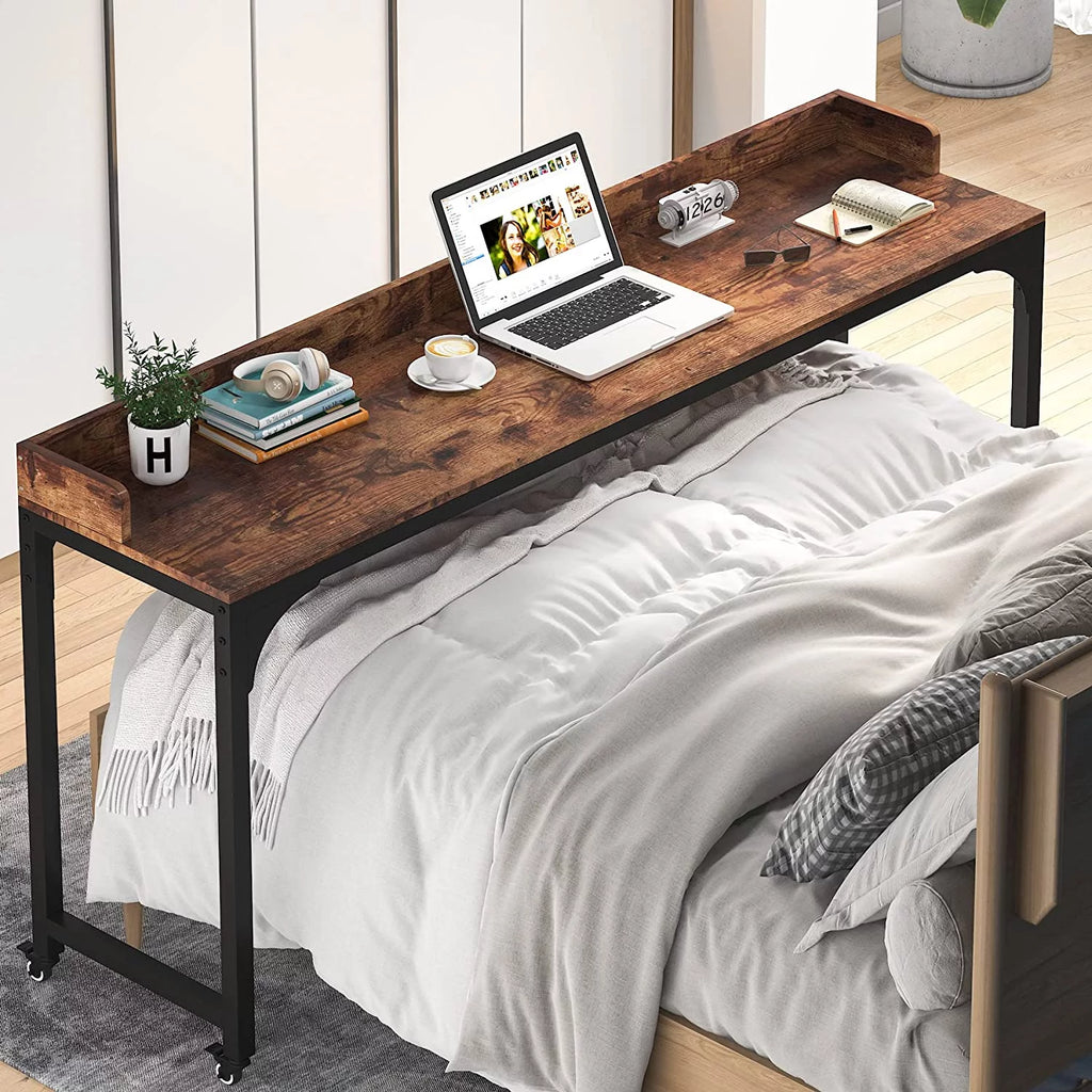Brown Overbed Table with Wheels 70.8"L Queen Size Mobile Desk with Metal Legs J787