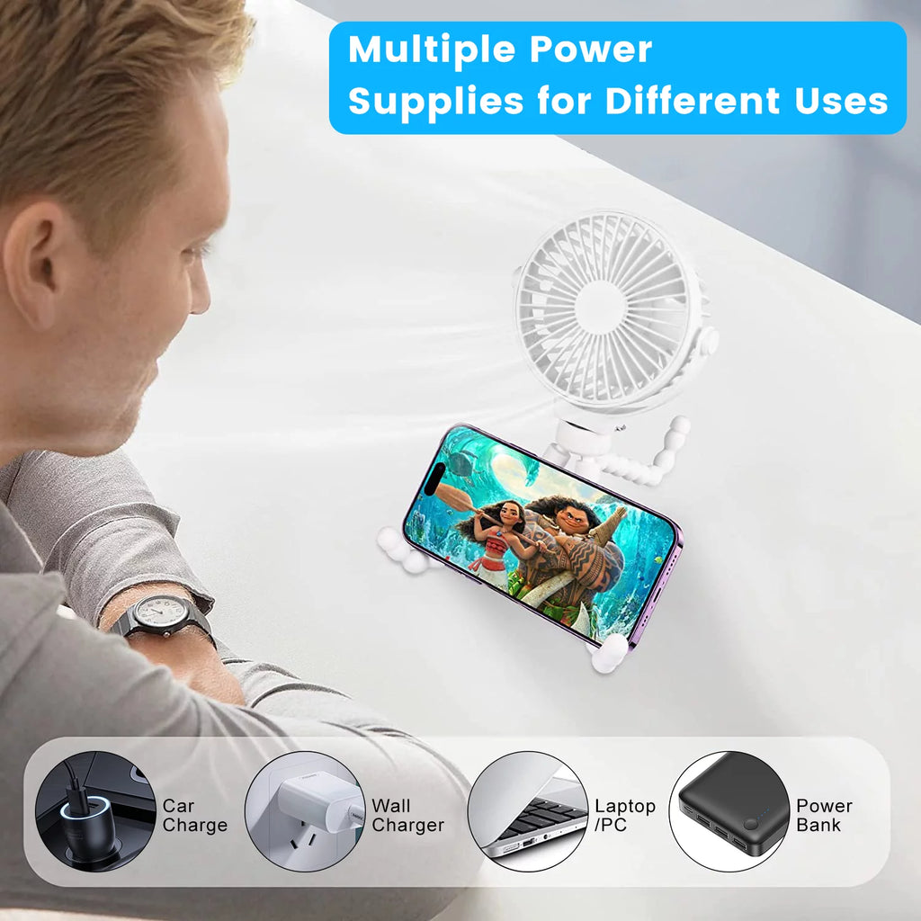 Portable Battery Operated Clip on Fan with Flexible Tripod White M3622