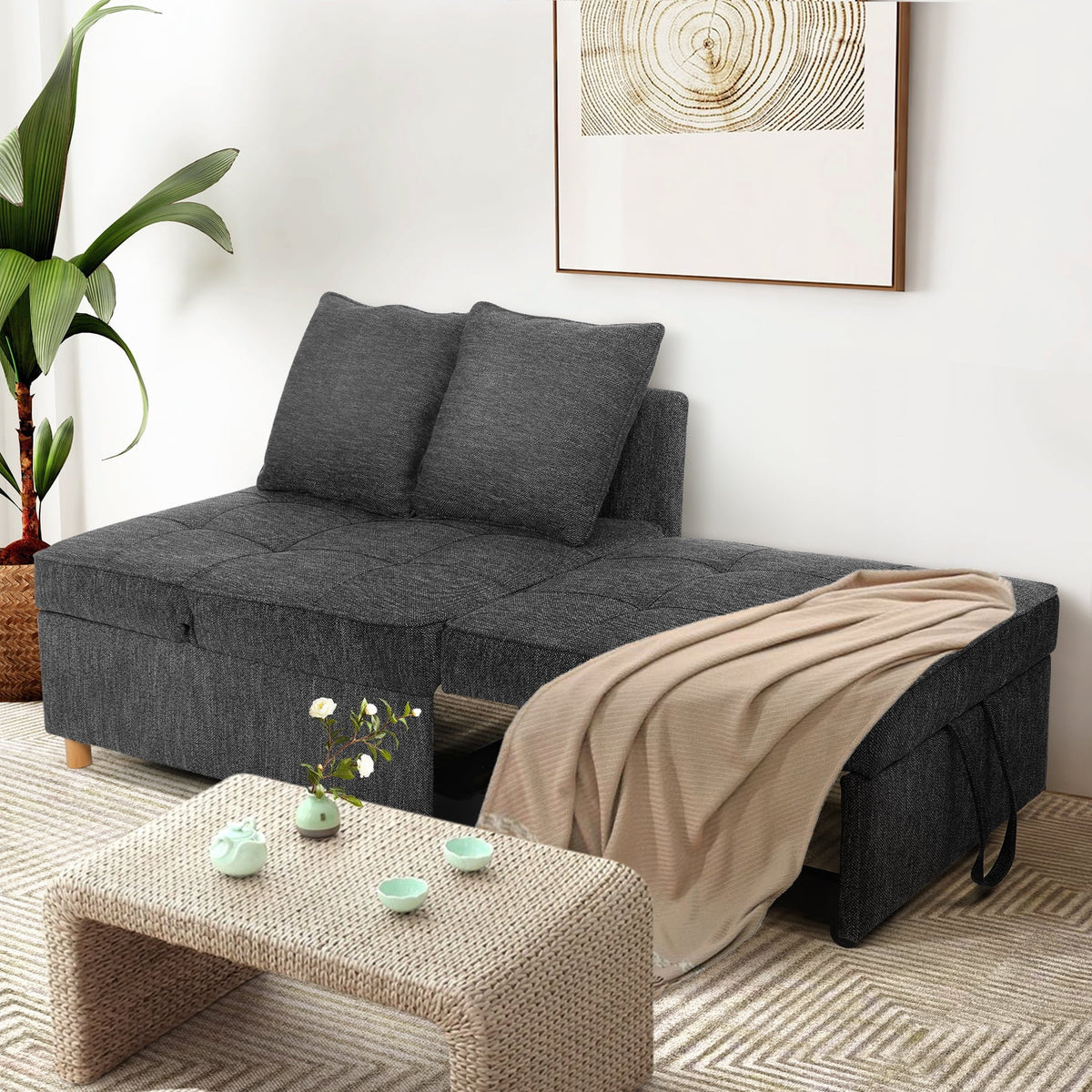Black Convertible Sofa Bed Chair with 2 Pillows R949855