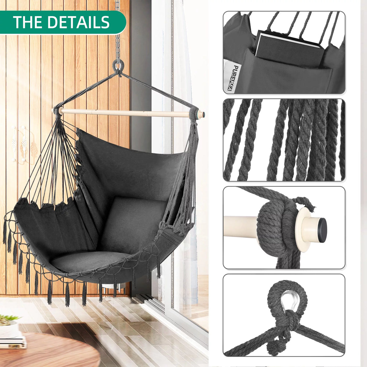 Oversized Hammock Chair with 2 Cushions, Grey J477999