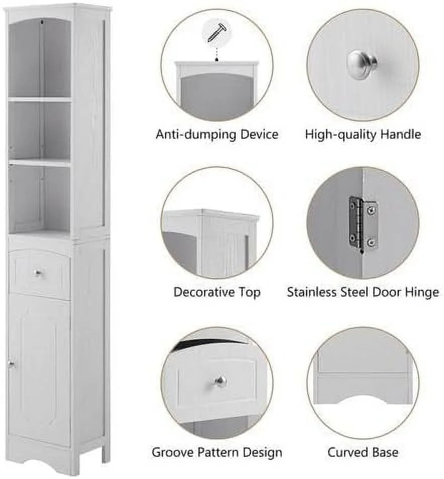 White Tall Freestanding Bathroom Cabinet with Drawer and Adjustable Shelves Y949