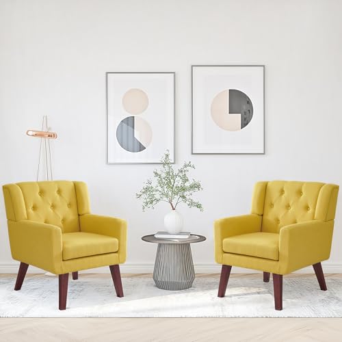 Beige Set of 2 Linen Fabric Button-Tufted Accent Chair B646