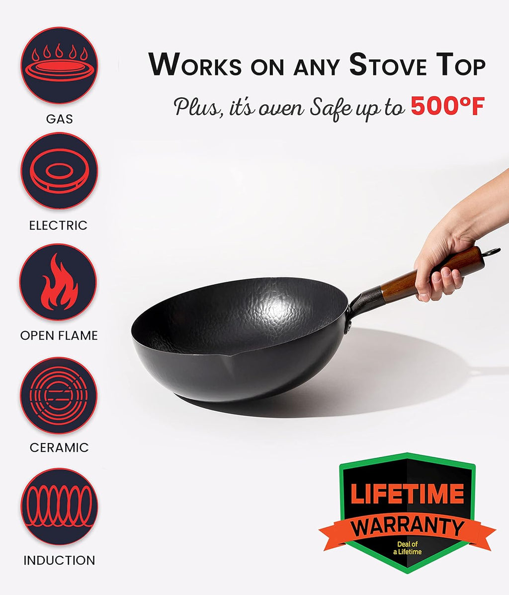 Carbon Steel Wok Pan with Lid, 12.5 Nonstick, Hand-Hammered, Round Flat Bottom, Pack of 2 G481