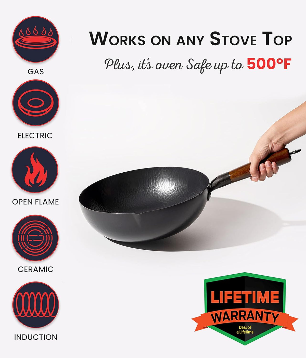 Carbon Steel Wok Pan with Lid, 12.5 Nonstick, Hand-Hammered, Round Flat Bottom, Pack of 2 G481