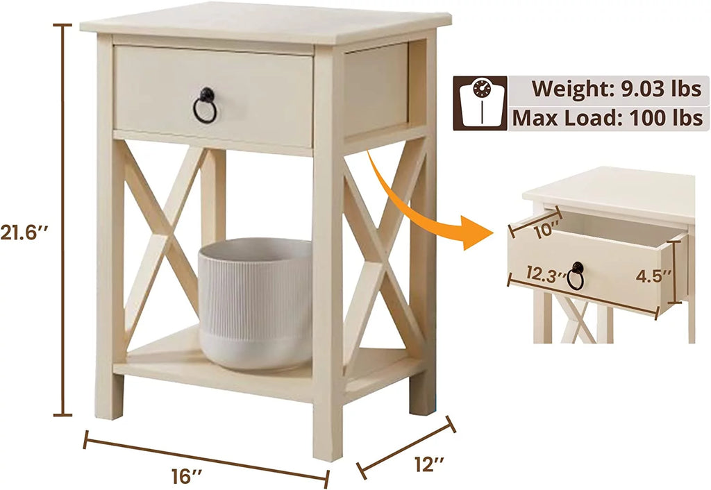 Cream Wood Nightstand with Storage Shelf and Drawer, Set of 2 B5820