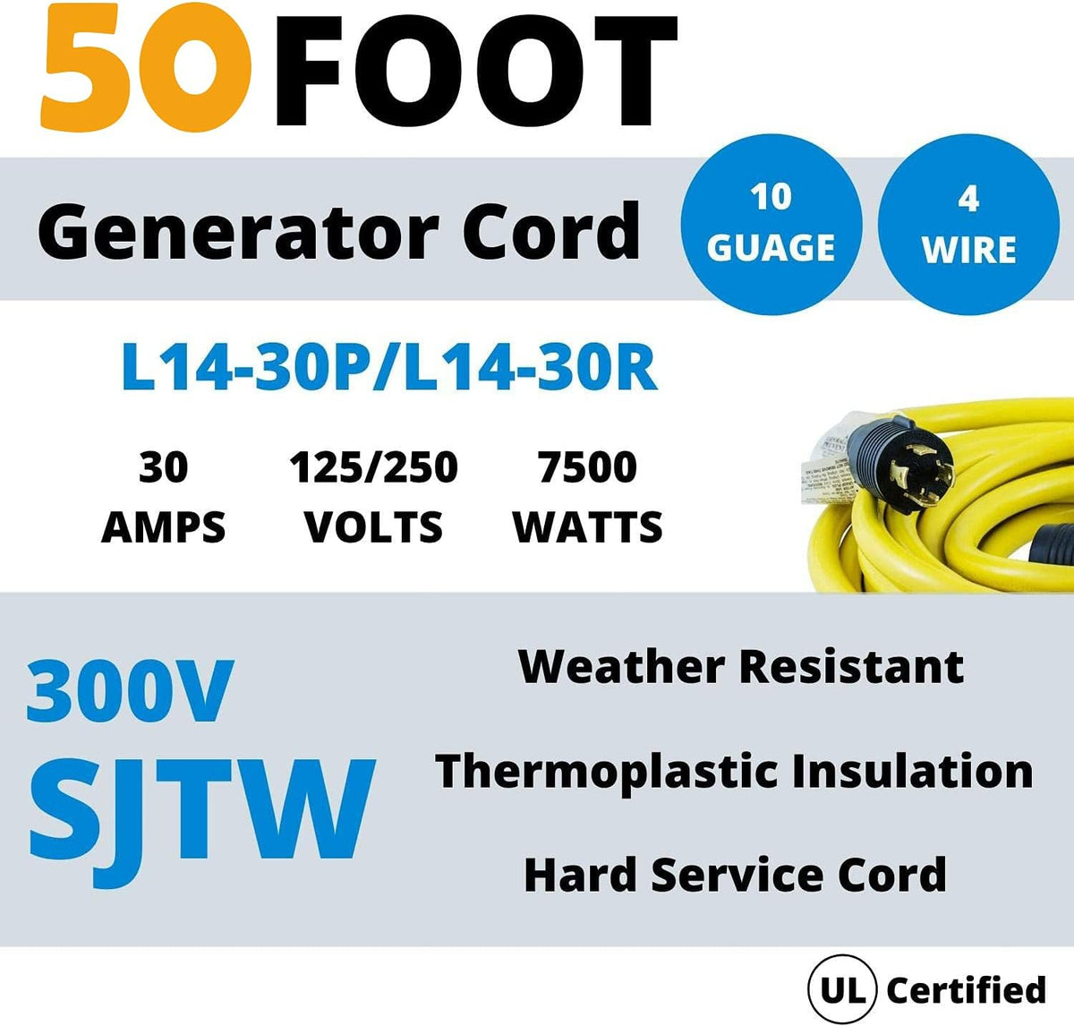 30 Amp 4 Prong Generator Extension Cord, 50 Ft, 10 Gauge, Rubber E779