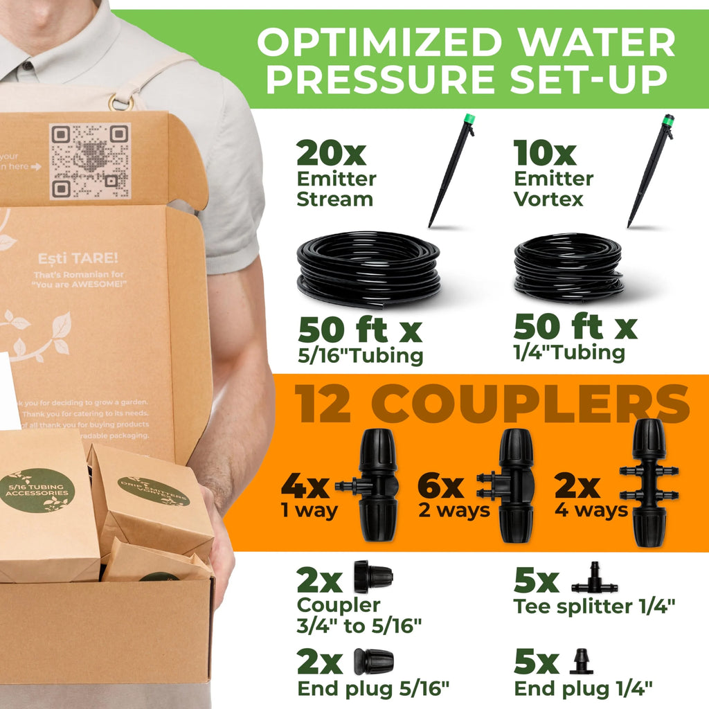 Adjustable Complete Drip Irrigation Kit with Drip Emitters, 1/4 Tubing and Connectors T2227