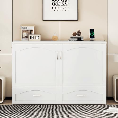 Queen Size White Wood Murphy Bed Cabinet with Storage Drawer W486227