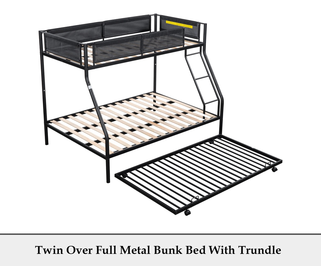 Twin over Full Size Metal Bunk Bed with Trundle and Textilene Guardrail H729433