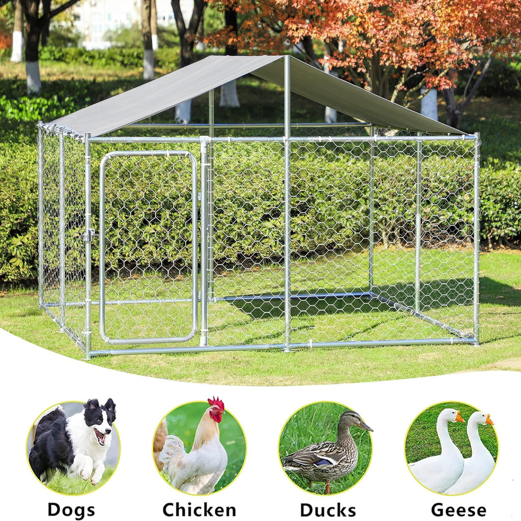 Silver 90"x90"x63" Outdoor Dog Kennel with Water-Resistant Cover M421