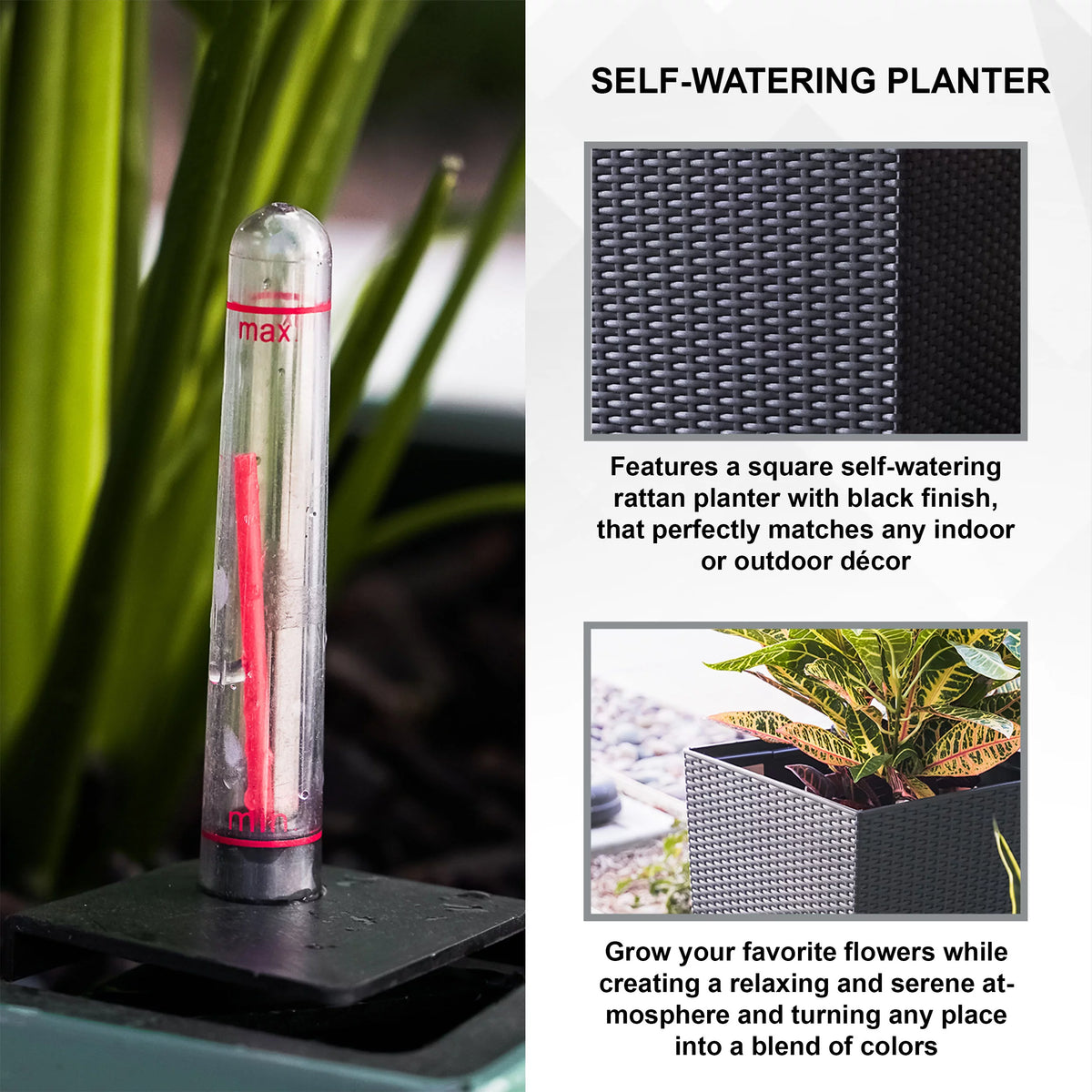 30" Black Rattan Self Watering Square Planter Pot S572898