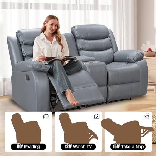 Grey Manual Double Recliner Sofa with Cup Holder F5055