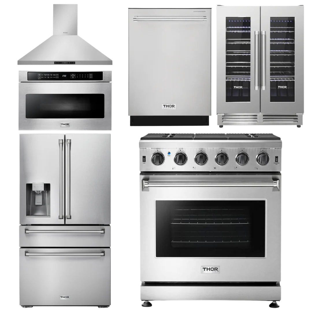 30 Gas Range, Range Hood, Microwave, Refrigerator, Dishwasher, Wine Cooler J805
