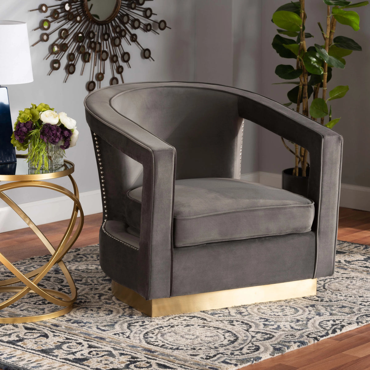 Grey Velvet and Metal Armchair L1272