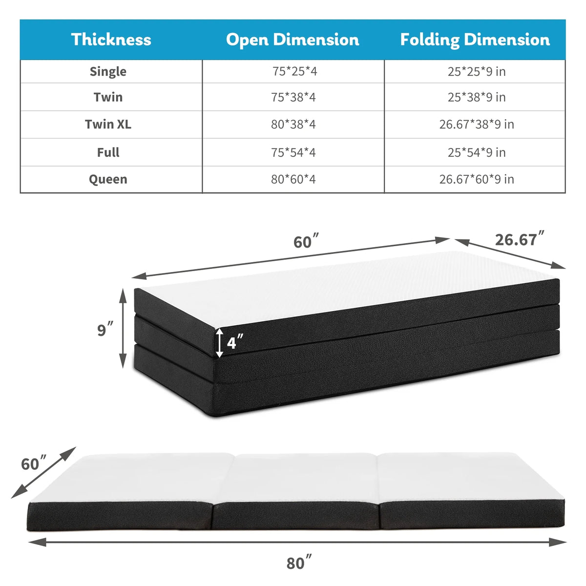 Queen Size 4 inch Tri-fold Memory Foam Mattress S29316