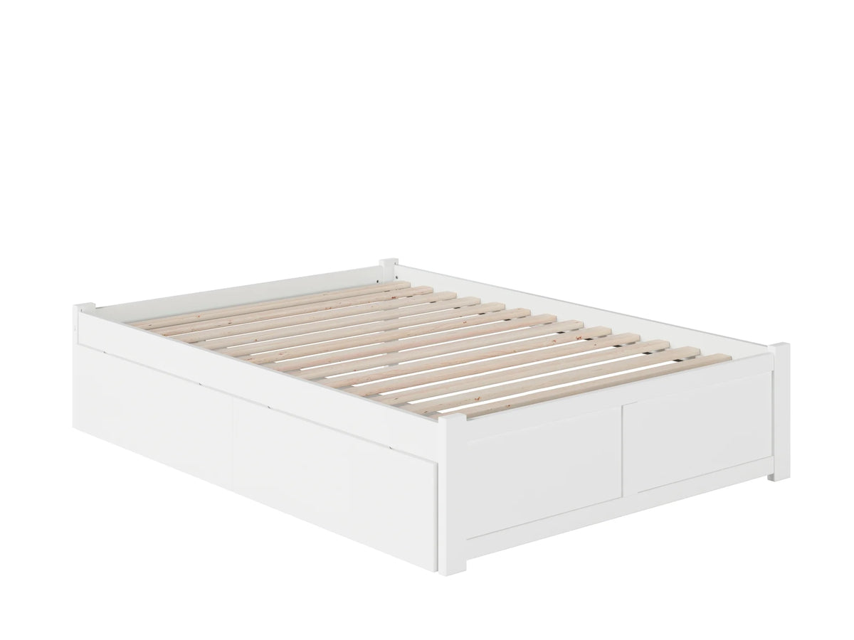 White Solid Wood Platform Bed with Footboard and 2 Storage Drawers K91415