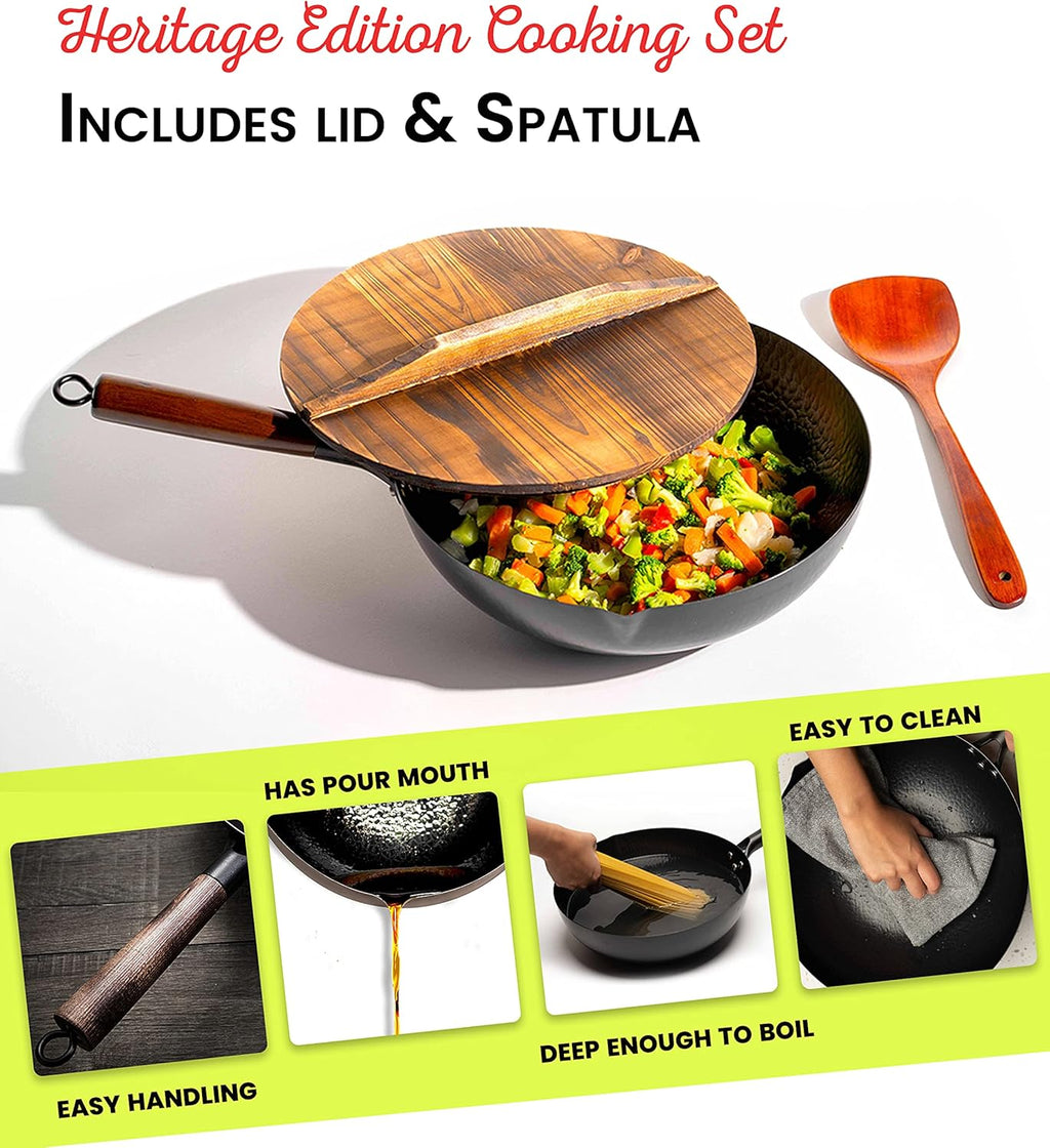 Carbon Steel Wok Pan with Lid, 12.5 Nonstick, Hand-Hammered, Round Flat Bottom, Pack of 2 G481
