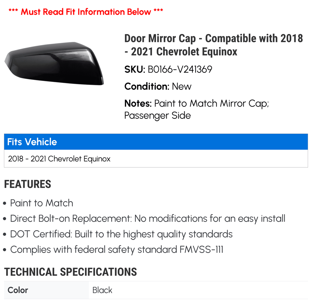 Door Mirror Cap for Chevy Equinox 2018 2021 M669305