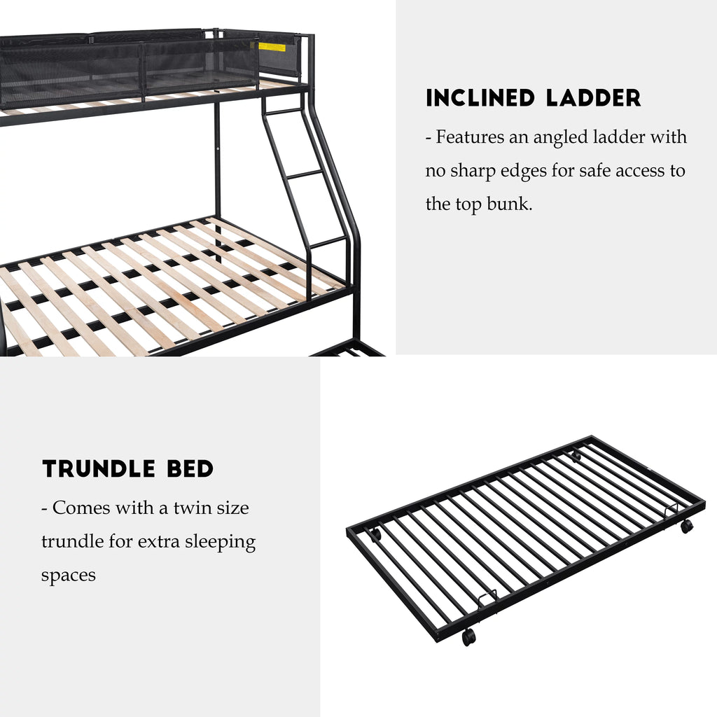 Twin over Full Size Metal Bunk Bed with Trundle and Textilene Guardrail H729433