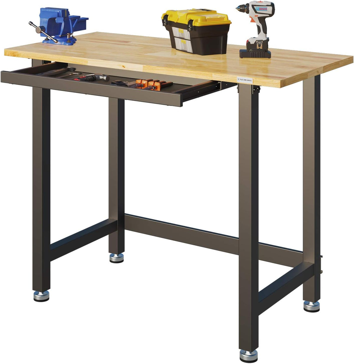 Work Bench with Drawer 3000-lb Capacity 48"x 24" Rubber Wood Top Heavy-Duty Steel Frame L9771