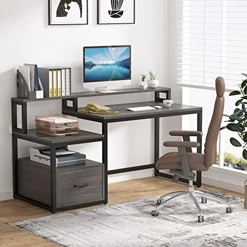 60 inch Grey Computer Desk with File Drawer and Shelves W288