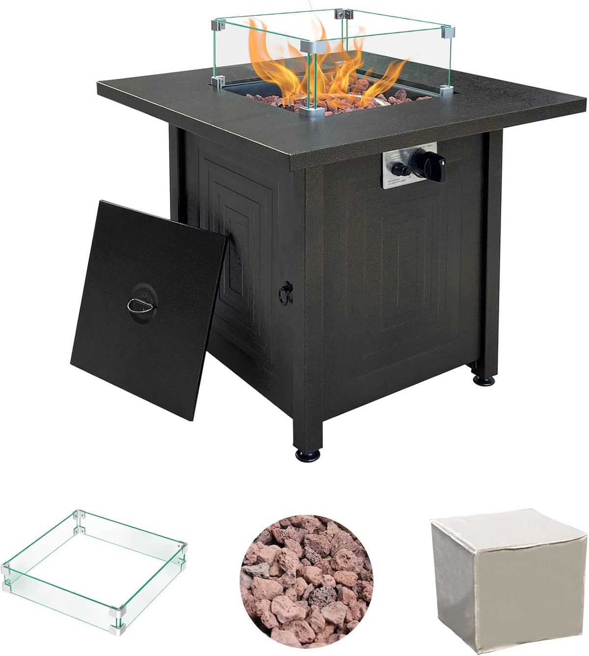 50000BTU Metal Propane Fire Pit Table with Glass Wind Guard and Lava Stone R614050