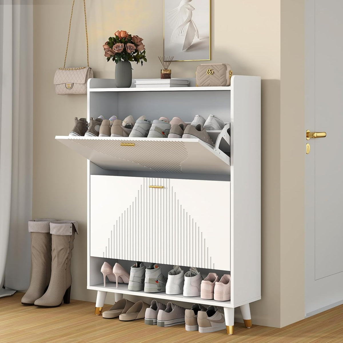 White Slim Shoe Storage Cabinet with Drawer A35397