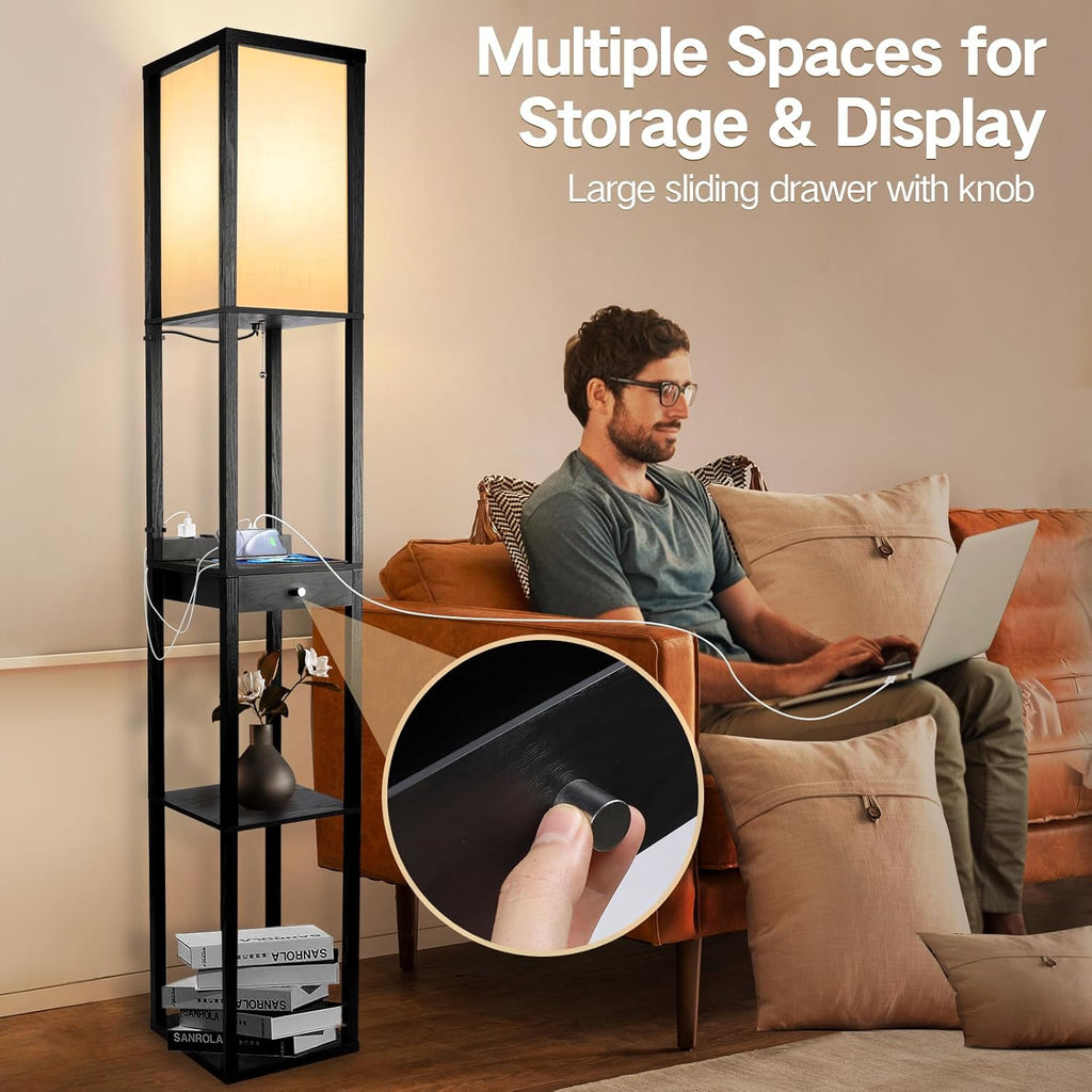 Wood Tripod Floor Lamp with Beige Linen Texture Shade R198751