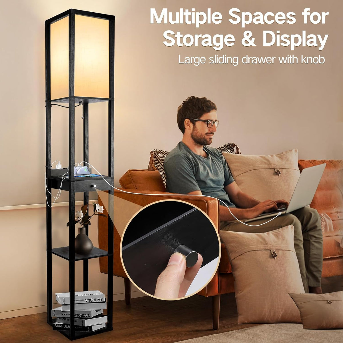 Wood Tripod Floor Lamp with Beige Linen Texture Shade R198751
