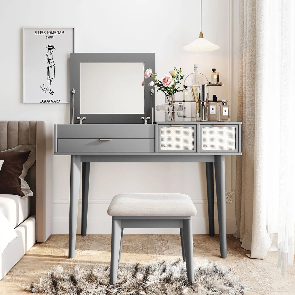 Gray Wood Vanity Table and Stool Set with 3 Drawer A22180
