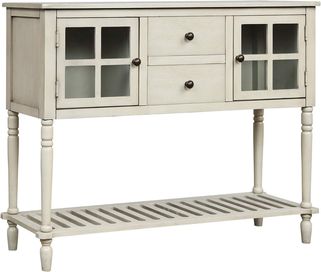 Antique Grey Console Table with 2 Storage Drawers and 2 Glass Door Cabinets Y244