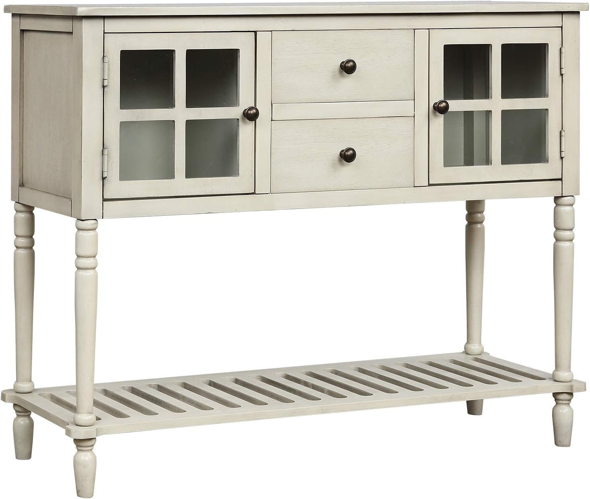 Antique Grey Console Table with 2 Storage Drawers and 2 Glass Door Cabinets Y244