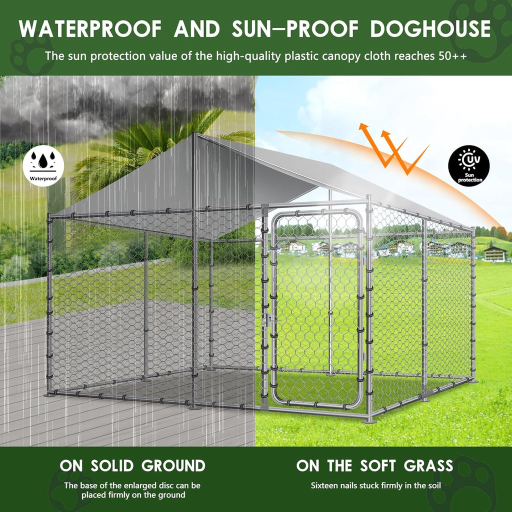 Silver 90"x90"x63" Outdoor Dog Kennel with Water-Resistant Cover M421