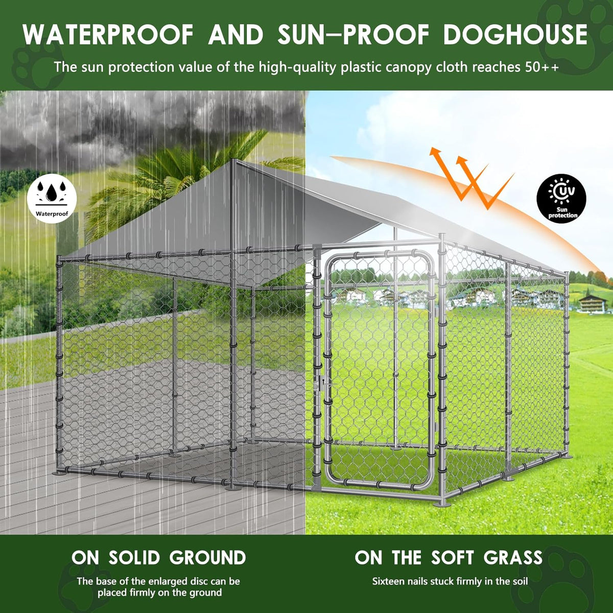 Silver 90"x90"x63" Outdoor Dog Kennel with Water-Resistant Cover M421