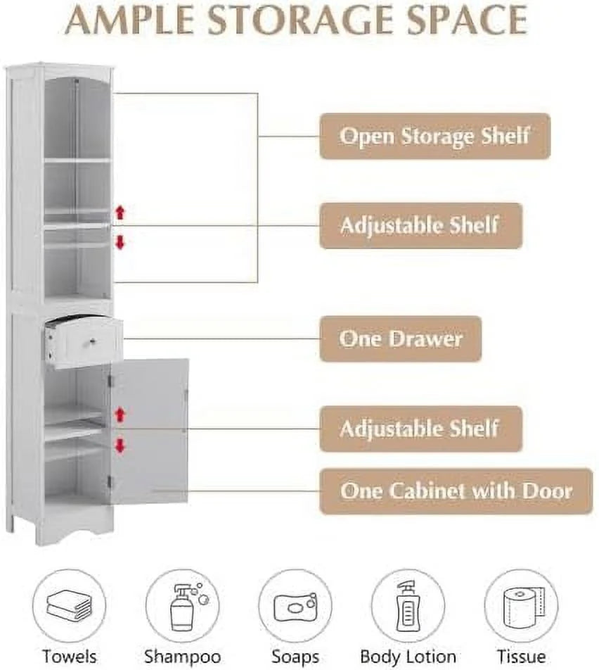 White Tall Freestanding Bathroom Cabinet with Drawer and Adjustable Shelves Y949