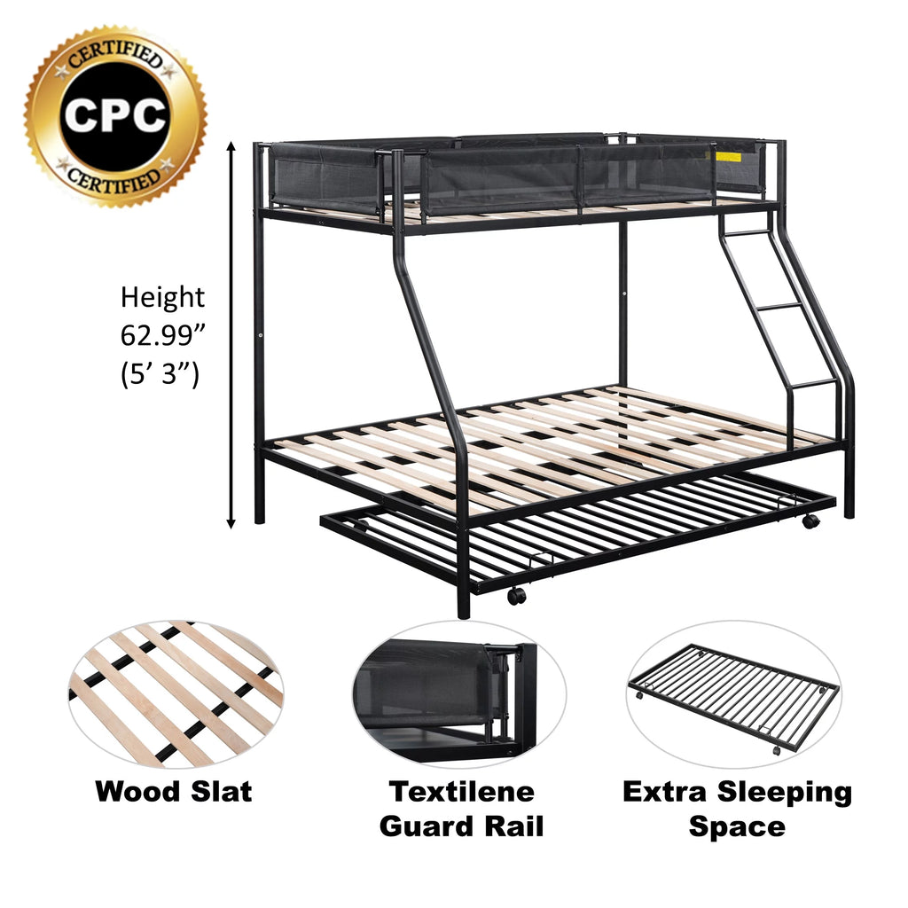 Twin over Full Size Metal Bunk Bed with Trundle and Textilene Guardrail H729433