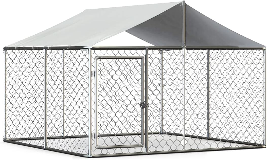 Silver 90"x90"x63" Outdoor Dog Kennel with Water-Resistant Cover M421