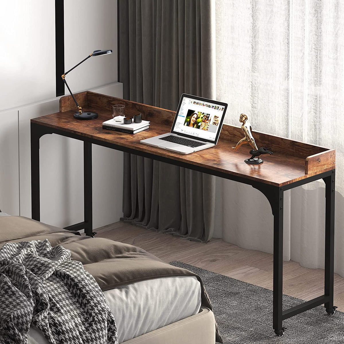 Brown Overbed Table with Wheels 70.8"L Queen Size Mobile Desk with Metal Legs J787