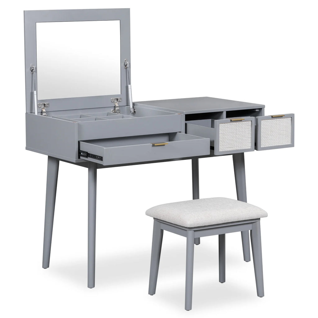 Gray Wood Vanity Table and Stool Set with 3 Drawer A22180