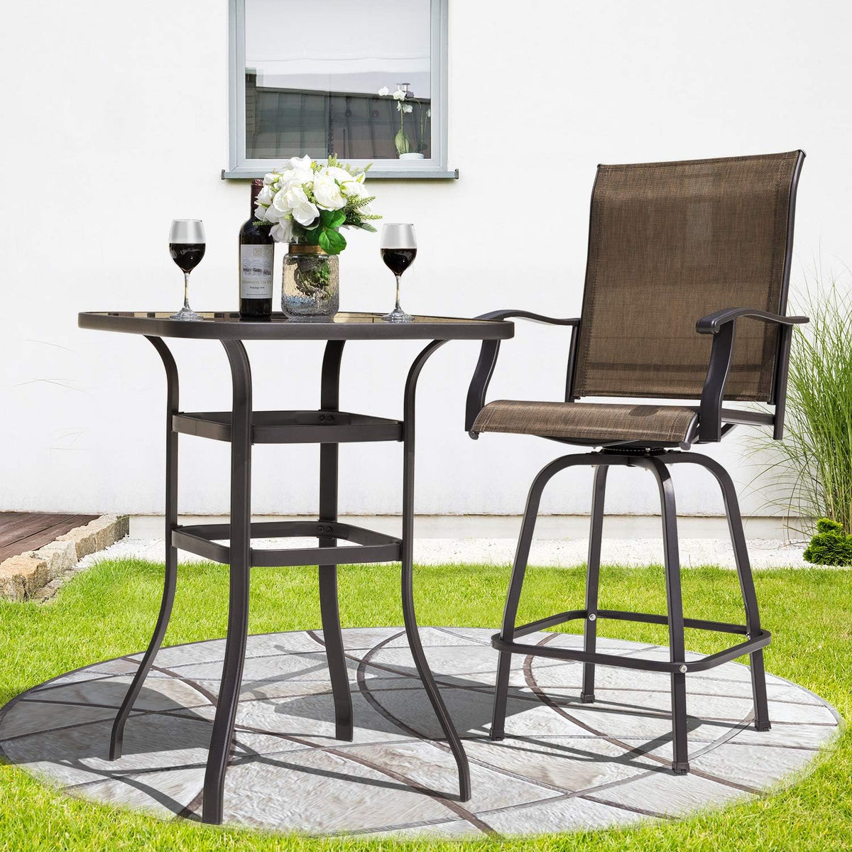 32 Inch Square Steel Frame Bar Height Bistro Table with Tempered Glass Table Top Black F361