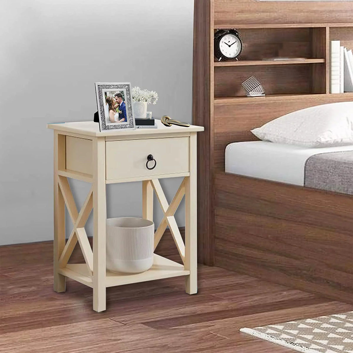 Cream Wood Nightstand with Storage Shelf and Drawer, Set of 2 B5820