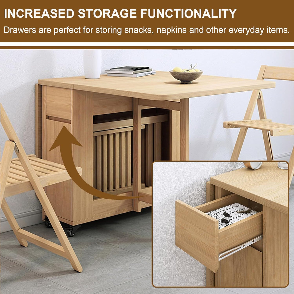 Folding Dining Table with 4 Chairs and Storage Drawers Wood Drop Leaf Dining Table Set N46649