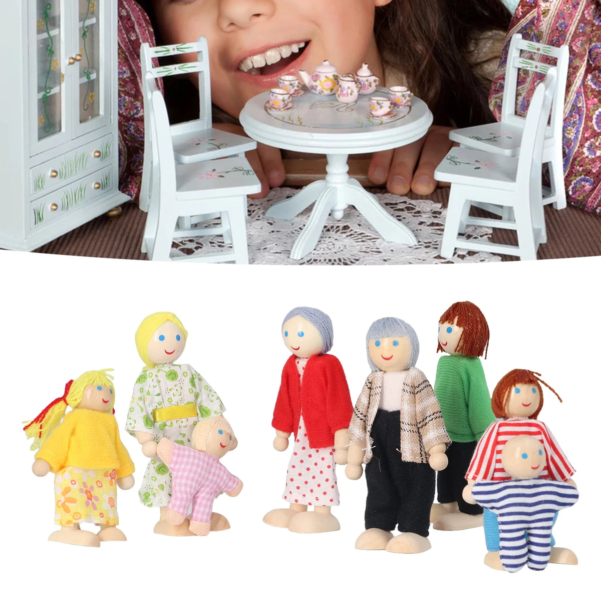 8pcs Wooden Dollhouse People Figures O44094