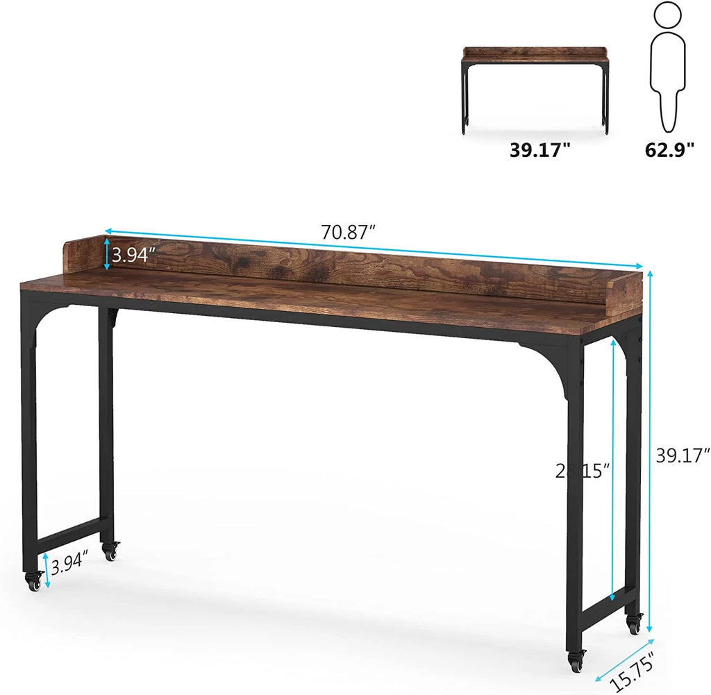 Brown Overbed Table with Wheels 70.8"L Queen Size Mobile Desk with Metal Legs J787