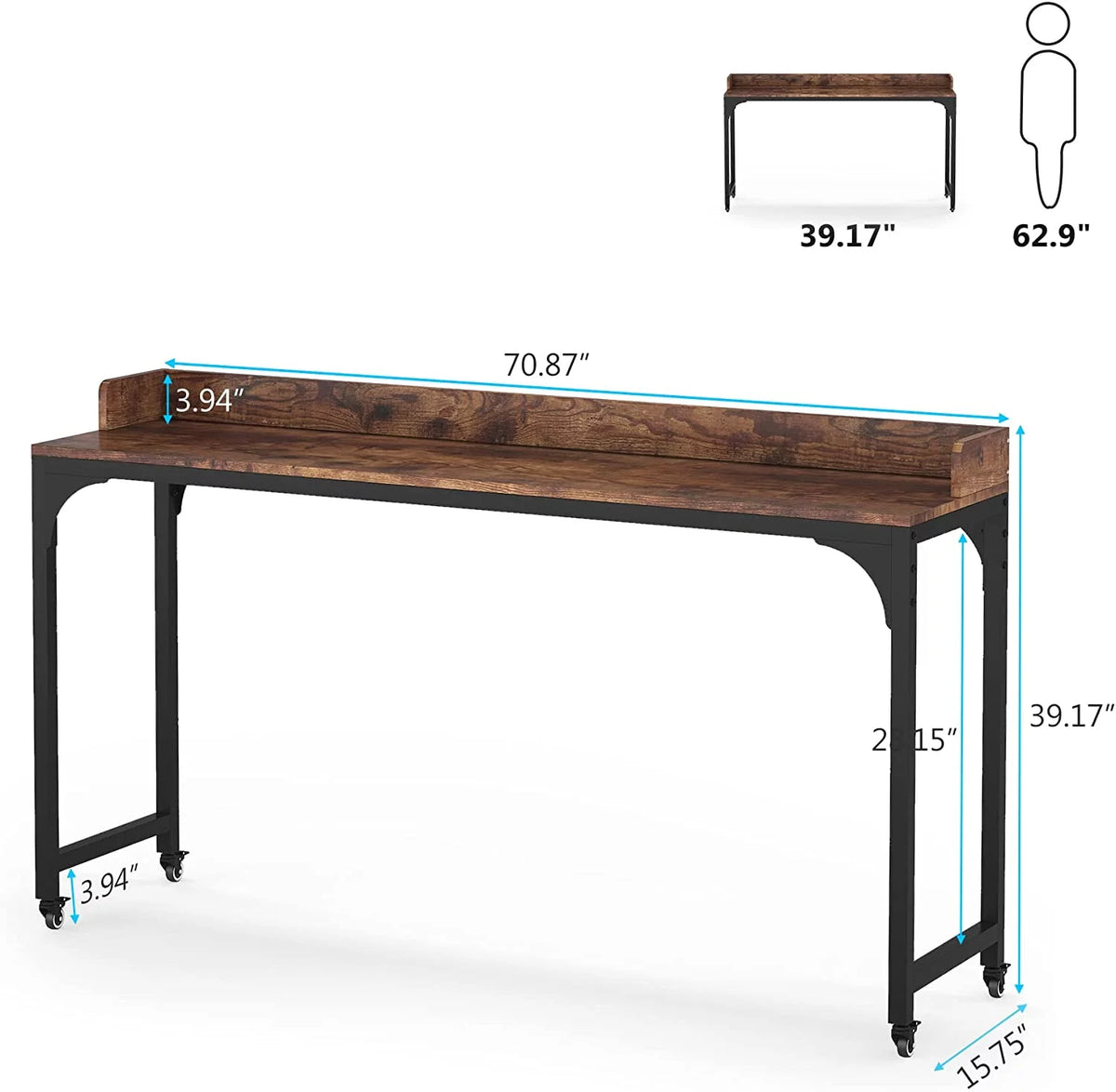 Brown Overbed Table with Wheels 70.8"L Queen Size Mobile Desk with Metal Legs J787