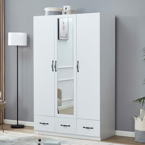 Rattan Armoire Wardrobe Closet Wood 71" Tall with 3 Doors 4 Drawers Mirror Hanging Rod and Shelves C646483