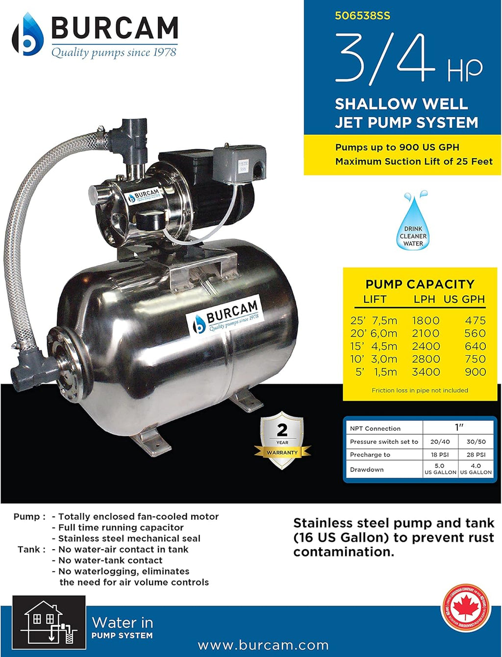 3/4HP Stainless Steel Shallow Well Jet Pump System V93151