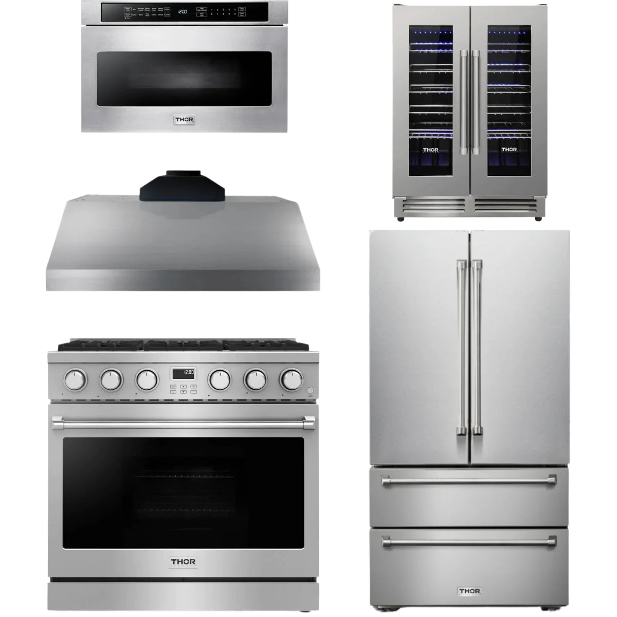 36 Gas Range, Range Hood, Refrigerator, Microwave and Wine Cooler O643840