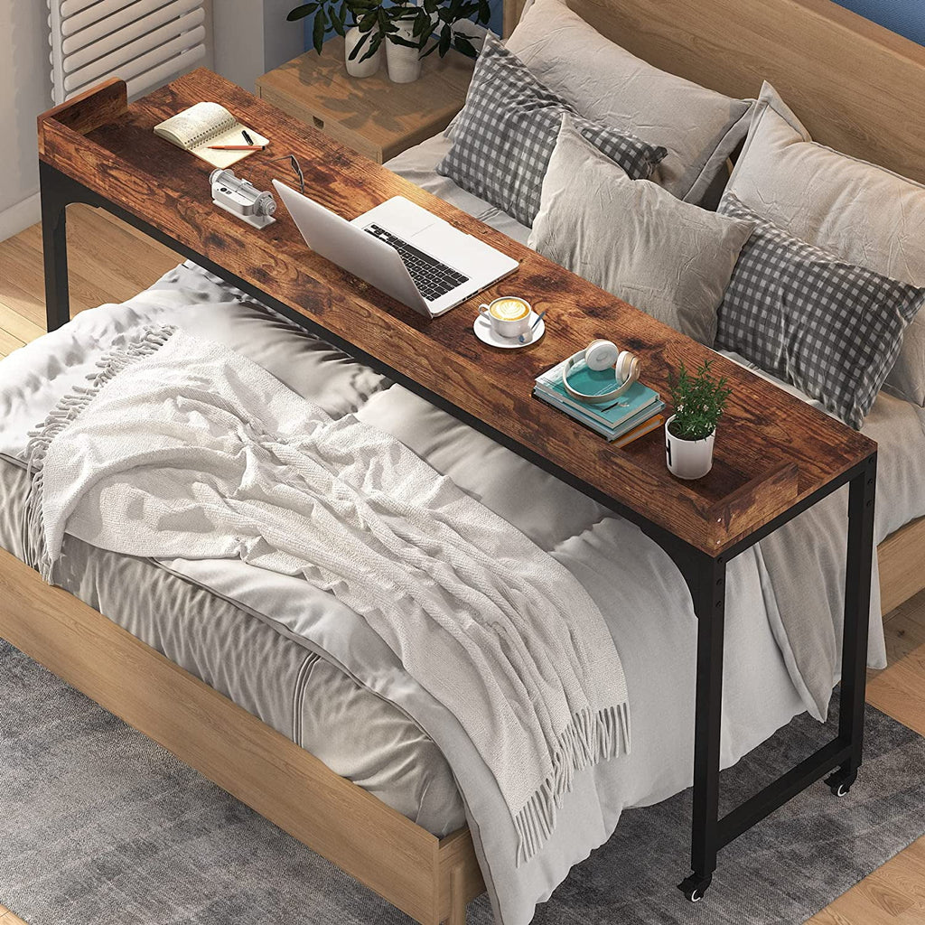 Brown Overbed Table with Wheels 70.8"L Queen Size Mobile Desk with Metal Legs J787